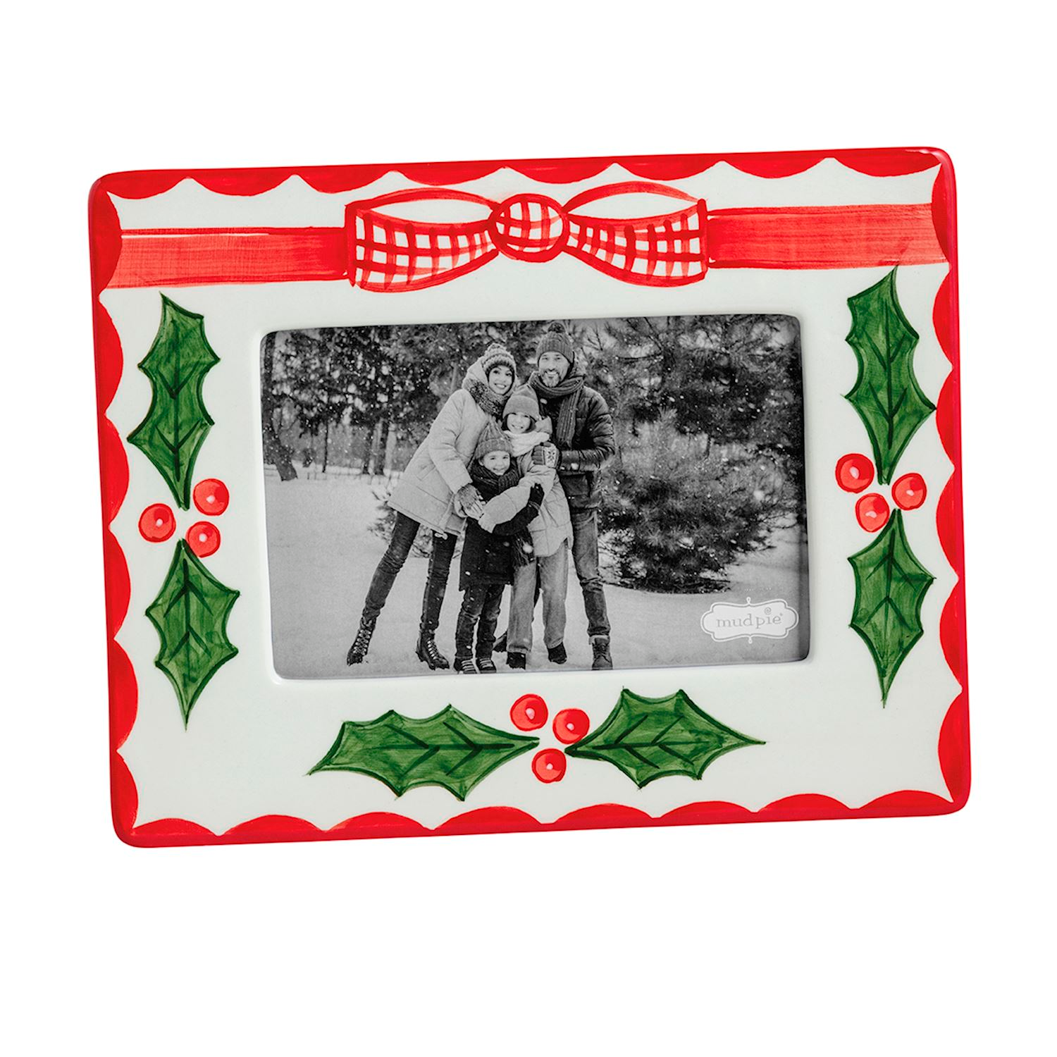 White dolomite Holly Frame with red scalloped edges, a red bow, and holly leaf accents.