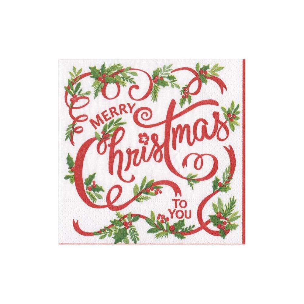 White paper cocktail napkin with red 'Merry Christmas to You' script and holly leaf border.