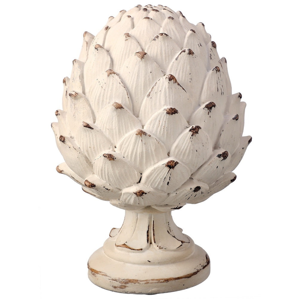 Resin weathered artichoke pedestal with aged stone texture in neutral tone.