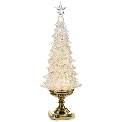 20-inch lighted clear Christmas tree with swirling gold glitter on a decorative gold pedestal base.