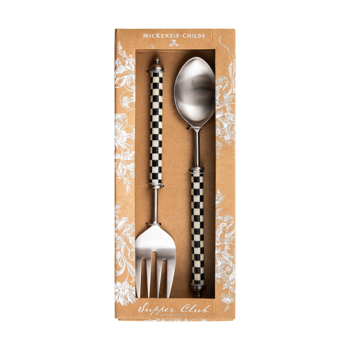 Courtly Check Supper Club Salad Serving Set with black and white checkered handles in a gift box.