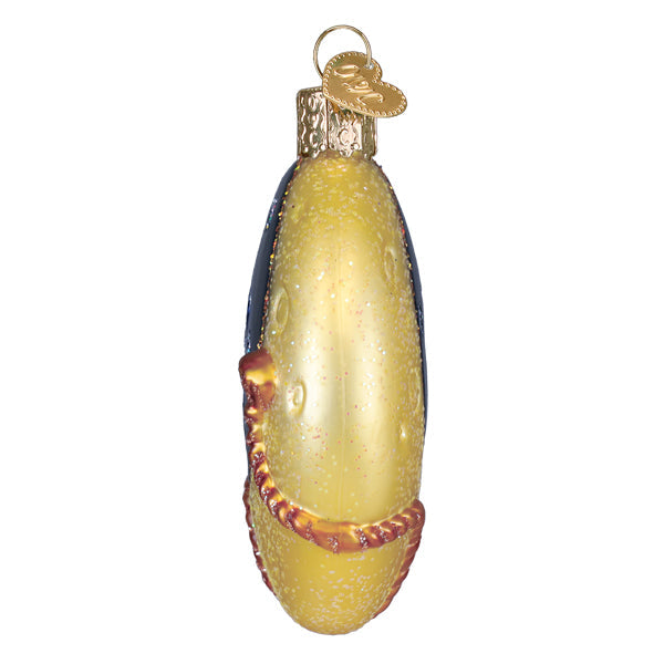 Side view of a glass Lasso The Moon ornament featuring a yellow moon with a rope detail.