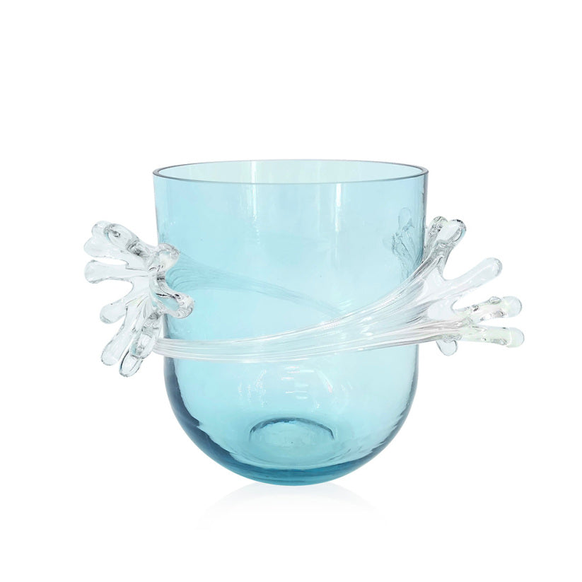 Tall clear glass vase with a cylindrical shape