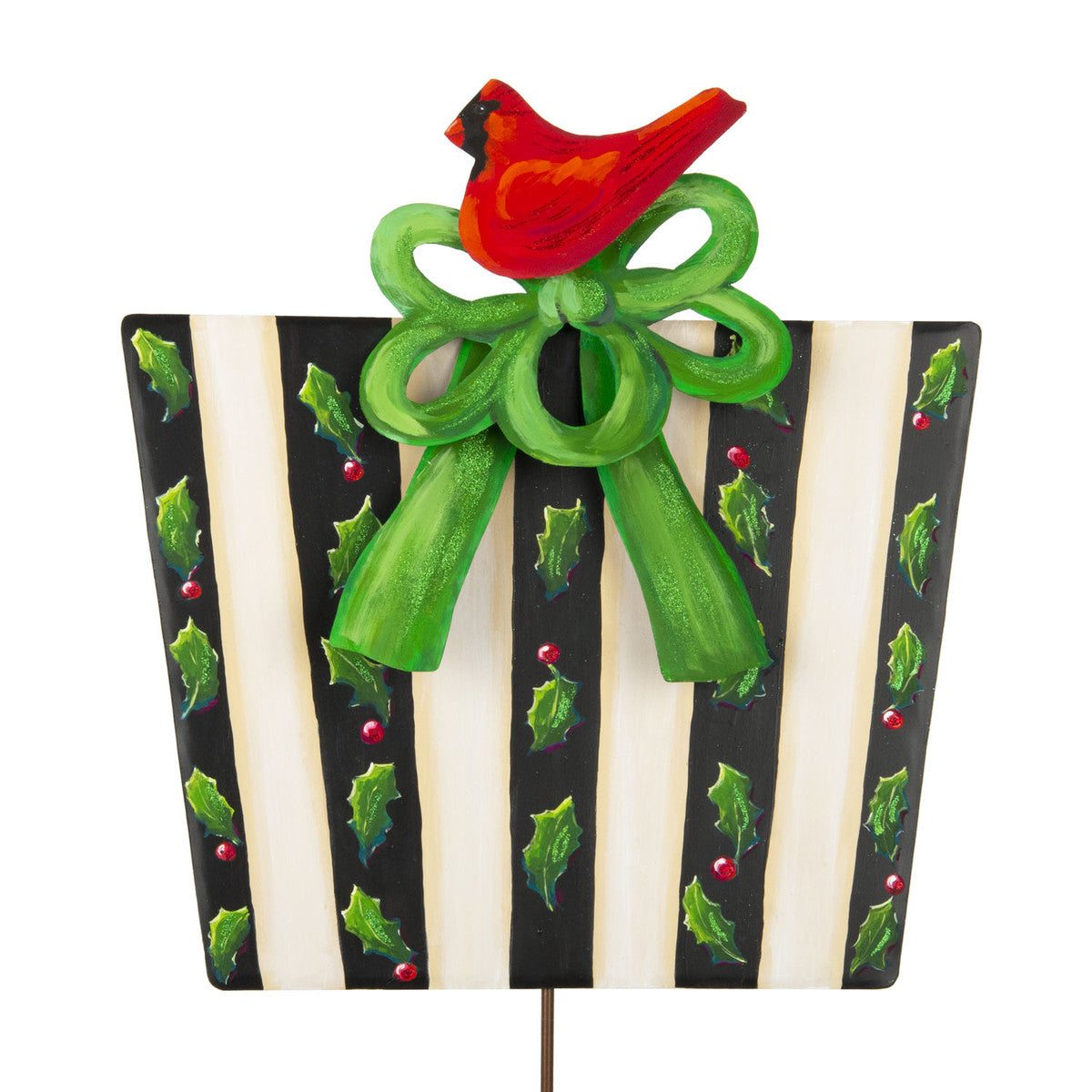 Elegant Holly Package artificial holly wreath with green leaves and red berries on a stake.