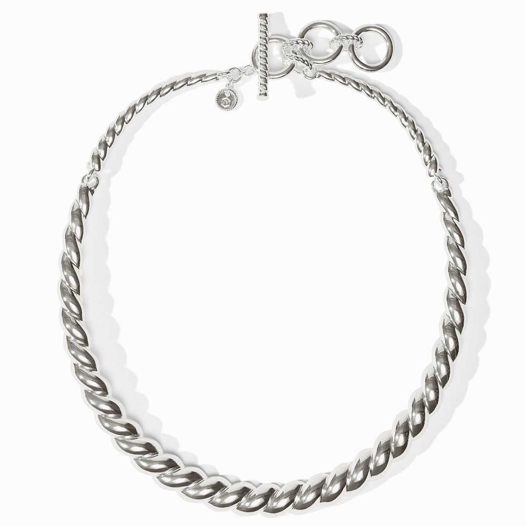 Ravello silver collar necklace with a thick twisted rope design and a toggle clasp closure.