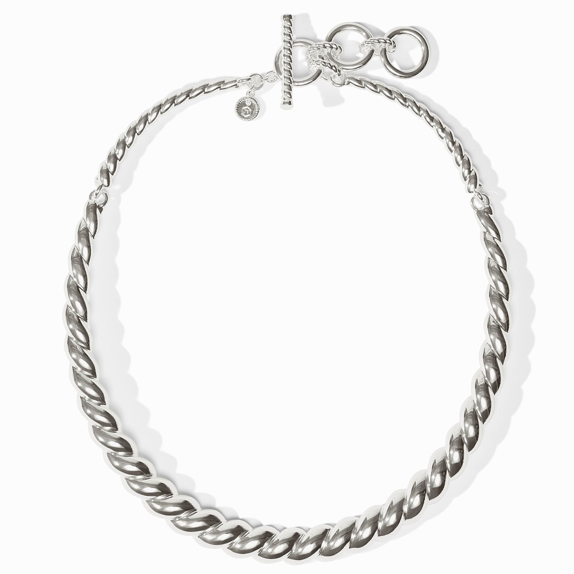 Ravello silver collar necklace with a thick twisted rope design and a toggle clasp closure.