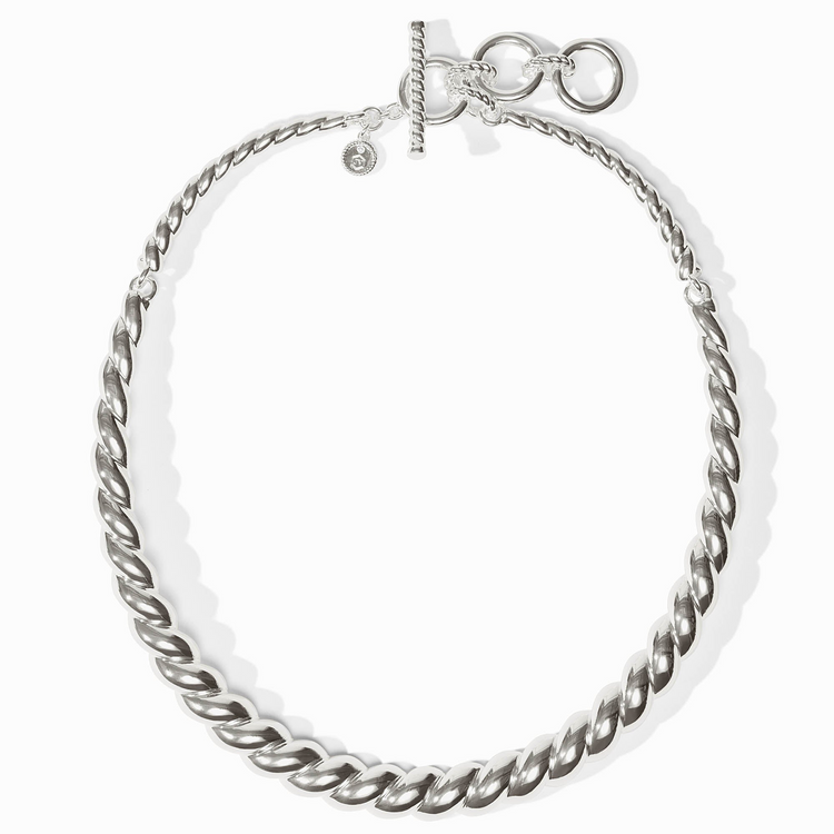 Ravello silver collar necklace with a thick twisted rope design and a toggle clasp closure.
