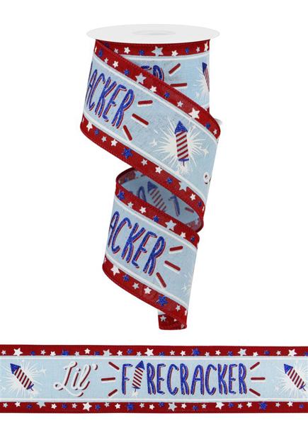 2.5 inch Lil' Firecracker ribbon in light blue with red borders, stars, and firework graphics.