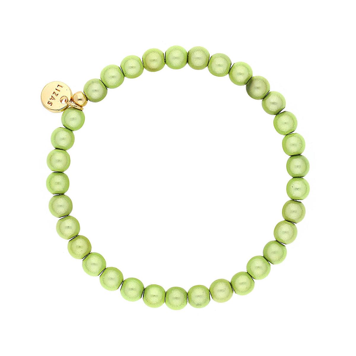 Bracelet Roundville featuring light green Czech crystal beads and a gold-toned Lizas logo charm.
