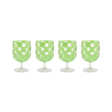 Set of four green and white checkered acrylic water goblets on a white background.
