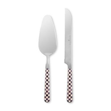 Stainless steel bistro cake server set with long handle.