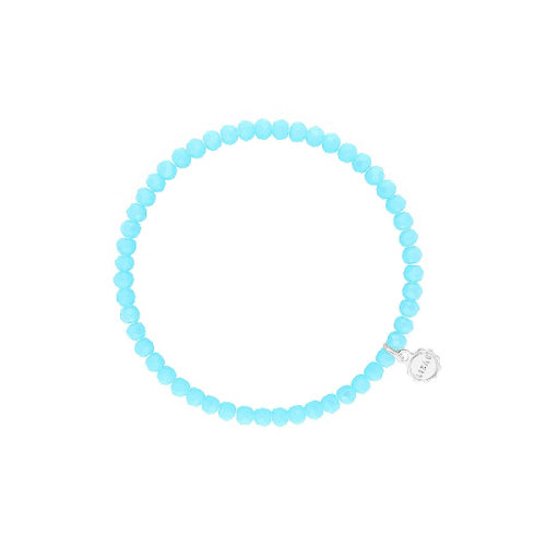 Stretchy beaded bracelet with faceted glass beads in colorful tones.