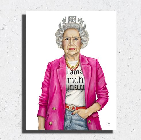 Queen Elizabeth II wearing a pink blazer, jeans, and a t-shirt that says "I am a rich man."