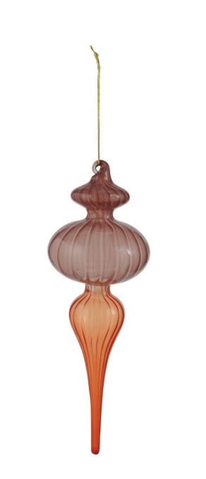 Two-tone glass finial ornament with a ribbed texture in mauve and orange gradient hues.