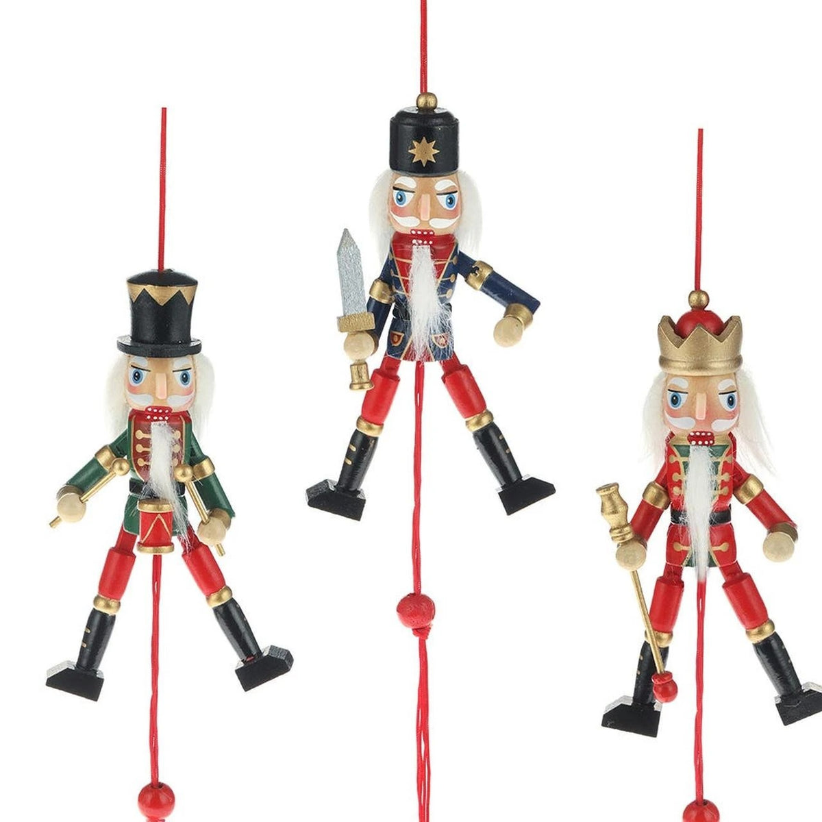 Set of three 5-inch wooden nutcracker pull puppet ornaments with movable arms and legs.