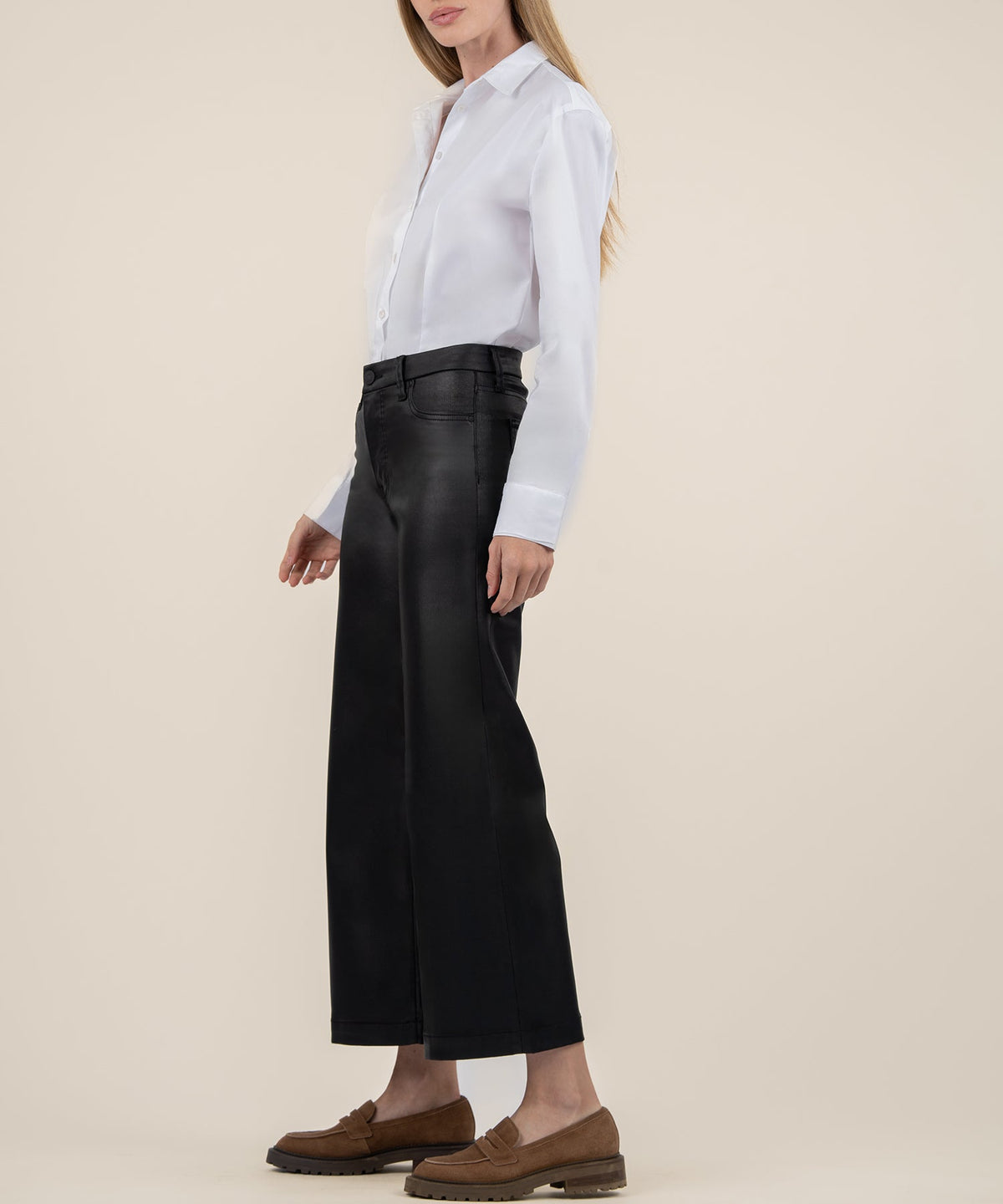 Katelyn Meg high-rise wide-leg pants in a modal blend fabric with an asymmetrical hem.