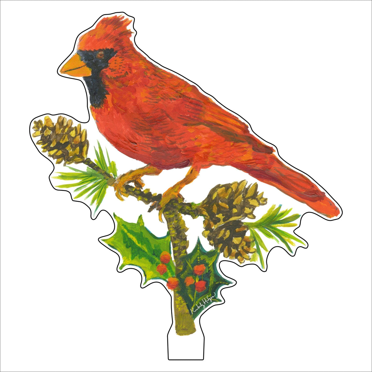 Painted cardinal perched on a pine branch with pine cones, holly leaves, and red berries.