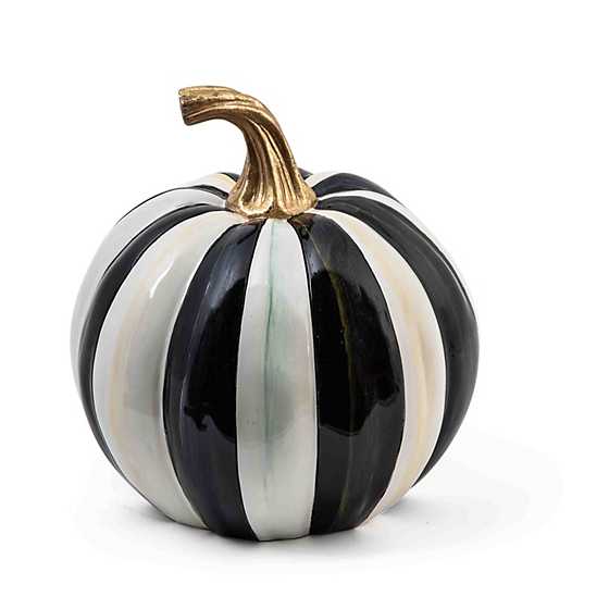 Small glossy pumpkin with black and white vertical stripes and a gold stem.