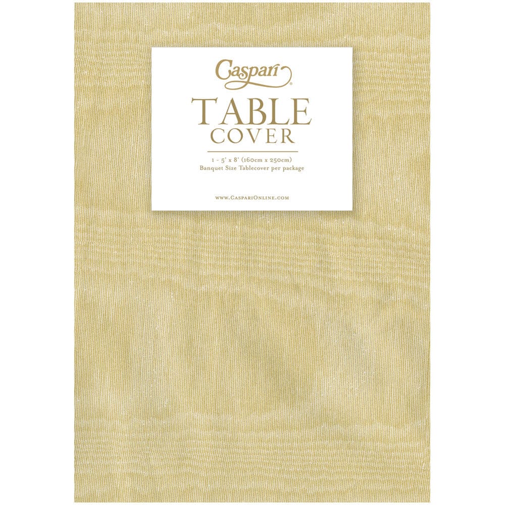 Moire Light Gold Paper Linen Table Cover in packaging, 5' x 8' banquet size.