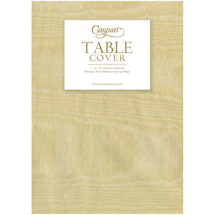 Moire Light Gold Paper Linen Table Cover in packaging, 5' x 8' banquet size.