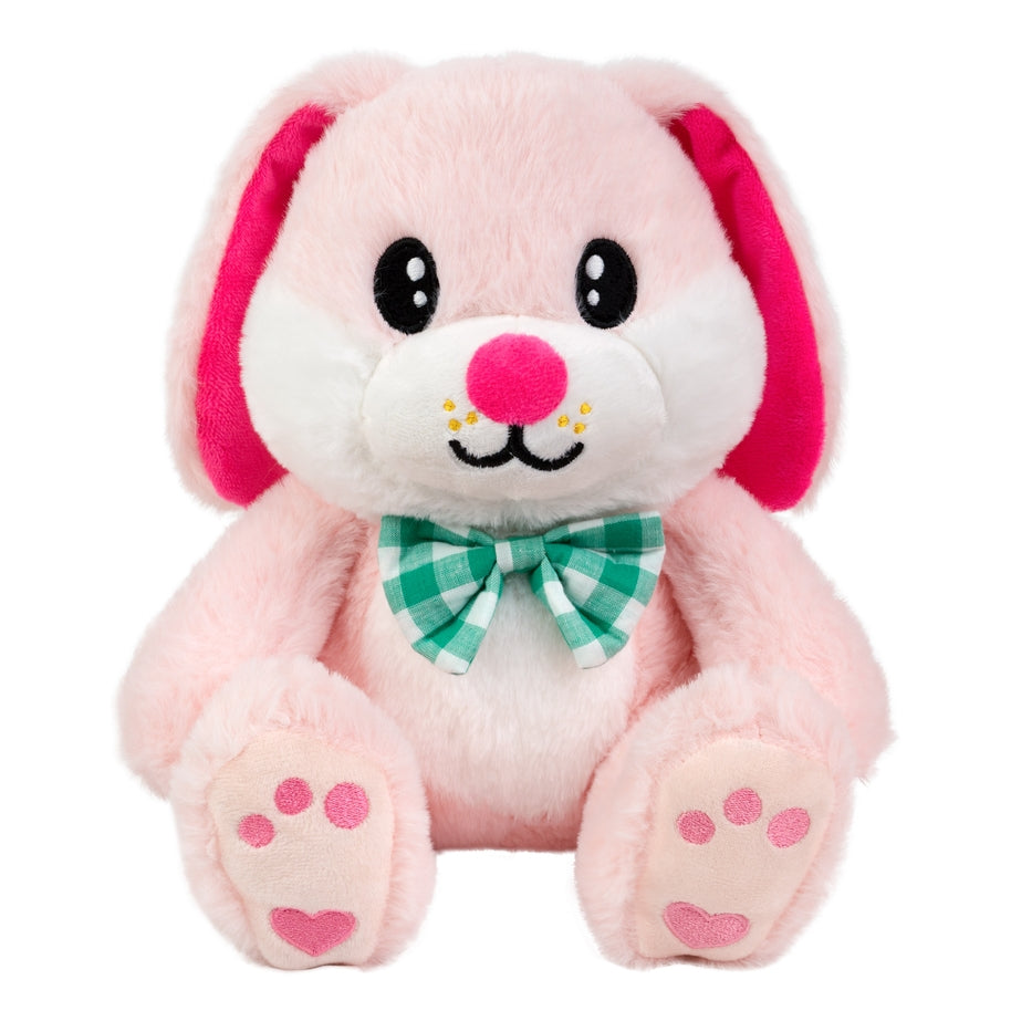 Pink plush bunny with green gingham bow tie and pink paw pads.