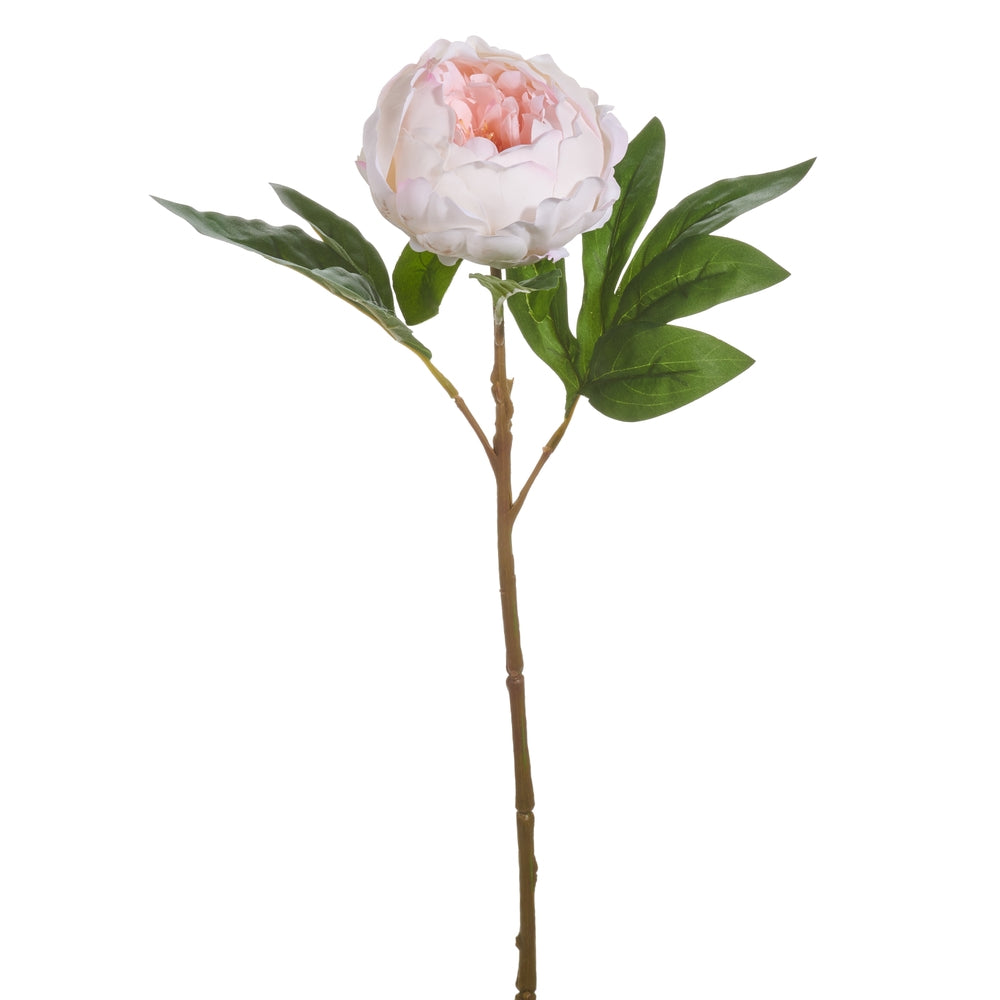 Artificial light pink peony flower with polyester fabric petals on a 23-inch stem.