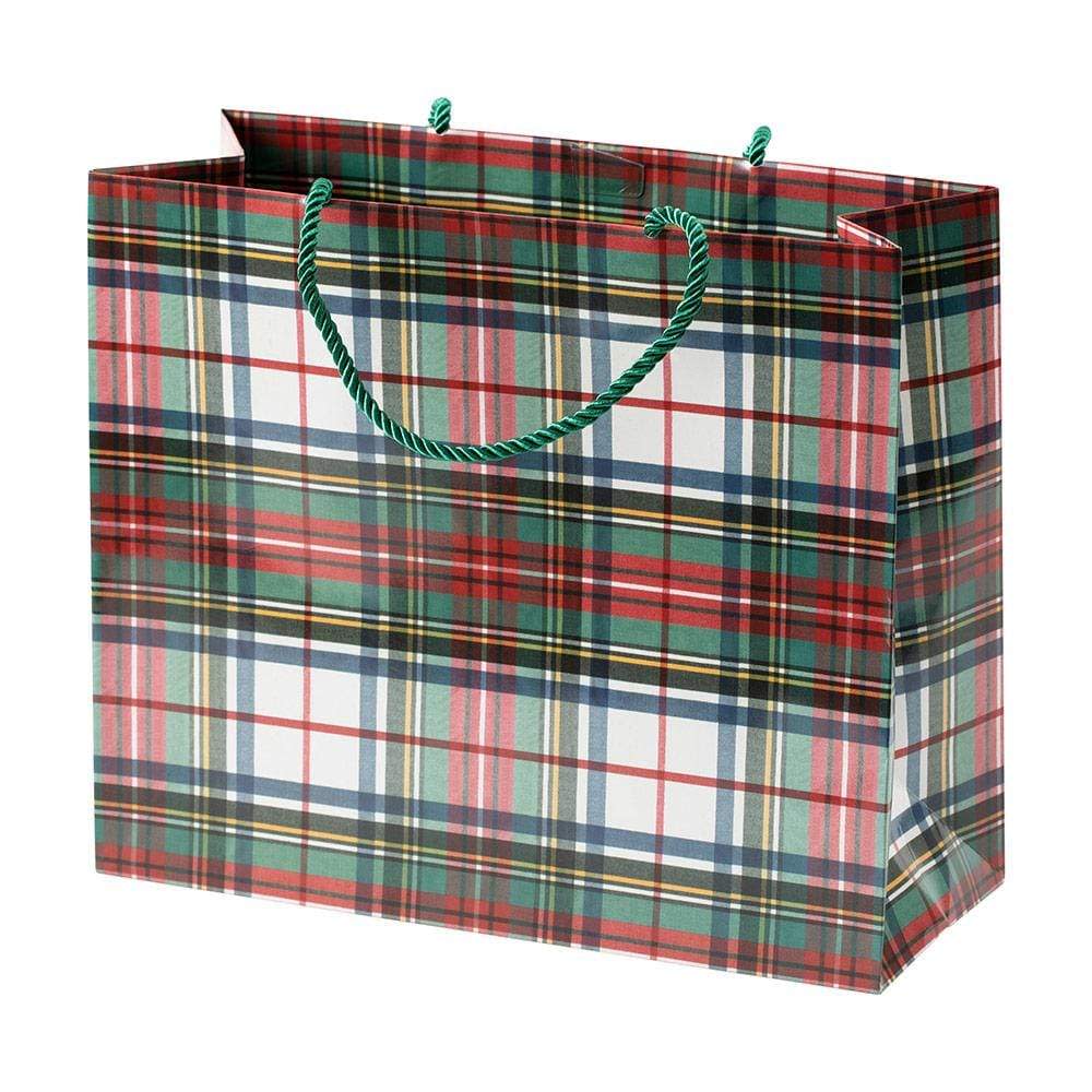 Large horizontal gift bag with cheerful colorful prints on durable paper featuring strong handles.