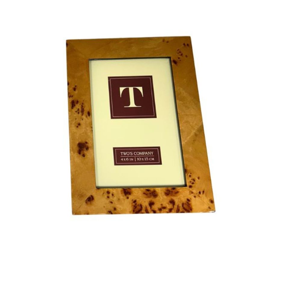 Burled wood 4x6 photo frame with a high gloss lacquered finish and a cream insert.