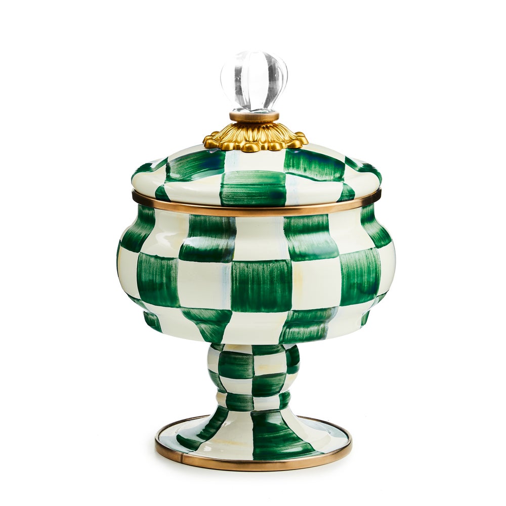 Hand-glazed steel curiosity pot with emerald checkered pattern, bronzed stainless rim, glass knob, and brass accents.