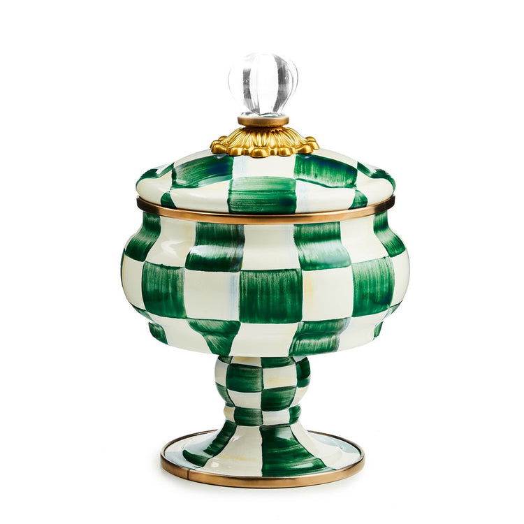 Hand-glazed steel curiosity pot with emerald checkered pattern, bronzed stainless rim, glass knob, and brass accents.