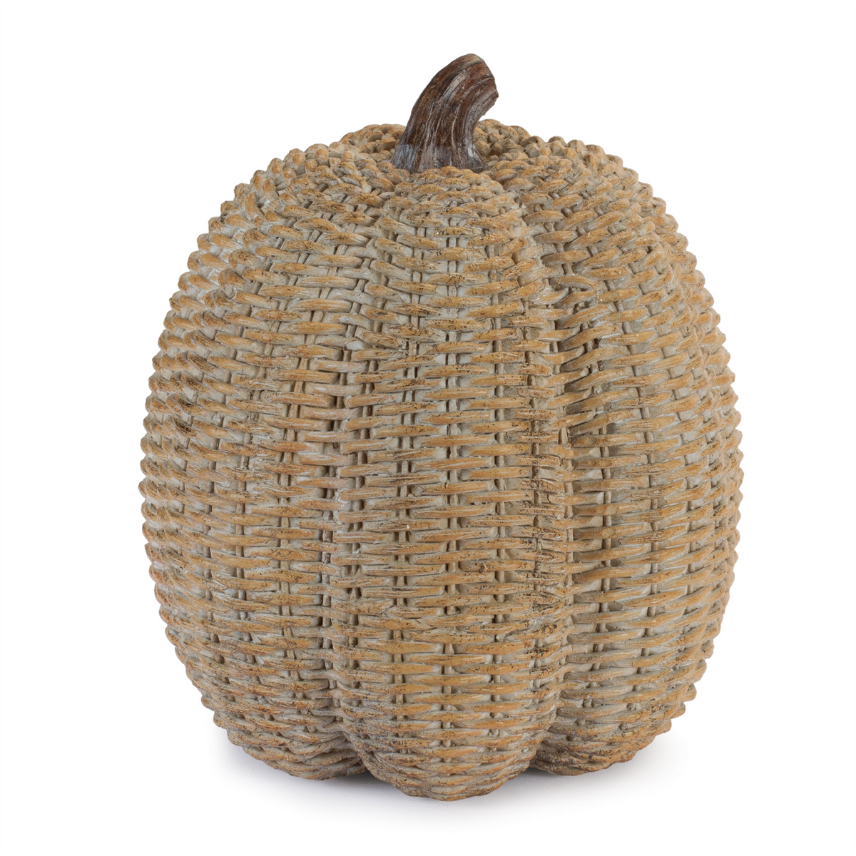Decorative resin pumpkin with a woven wicker texture and a brown stem on a white background.