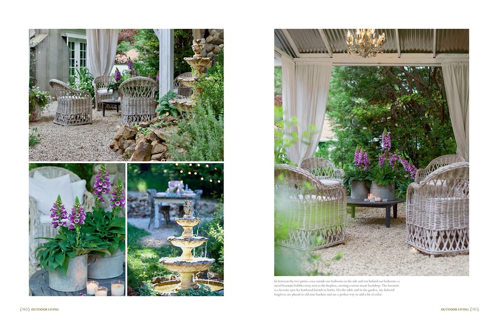 French Country Cottage book spread featuring outdoor patio scenes with wicker chairs and fountains.