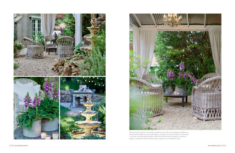 French Country Cottage book spread featuring outdoor patio scenes with wicker chairs and fountains.