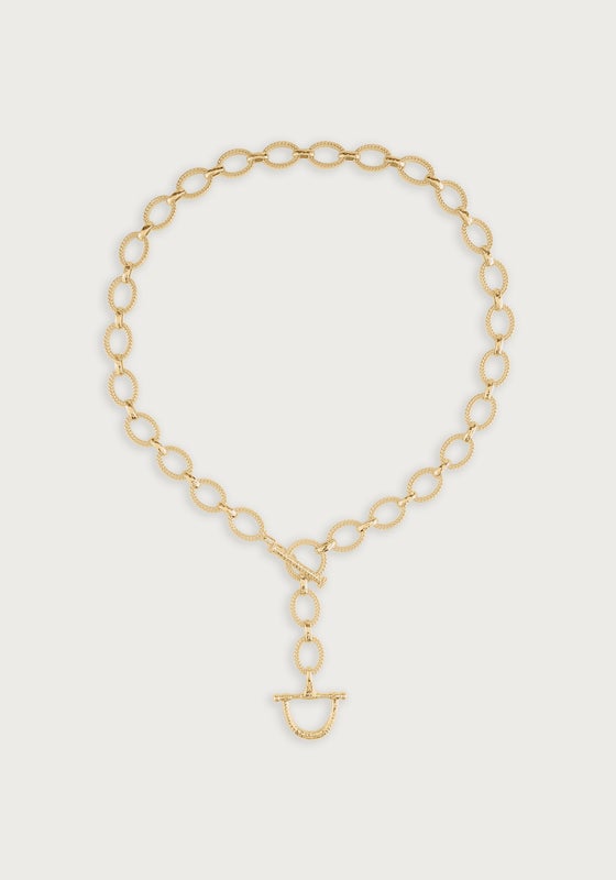 Cheval Braided Chain Lariat Necklace in 18K gold plated brass with a textured link design.