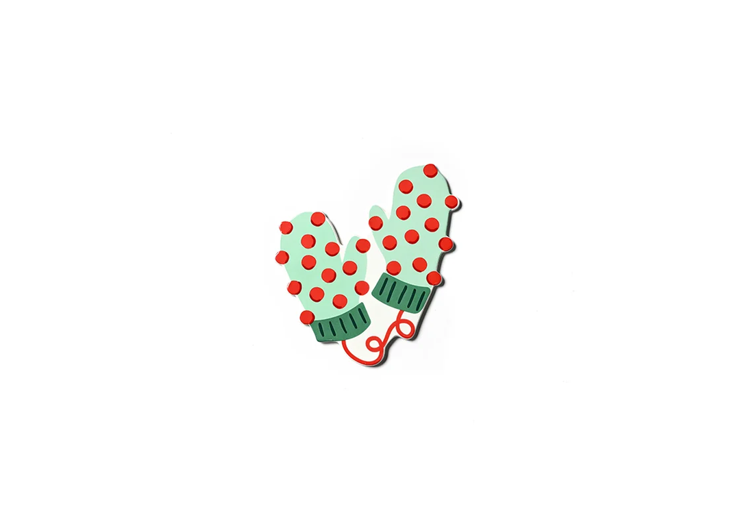 Light green mitten-shaped attachment with red pom-poms and dark green striped cuffs.