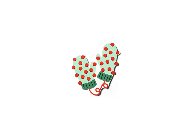Light green mitten-shaped attachment with red pom-poms and dark green striped cuffs.