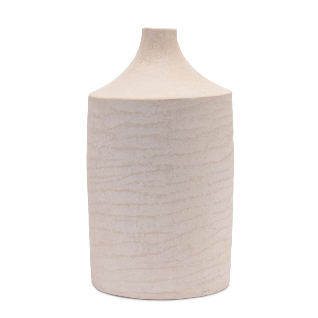 Tall recycled paper vase in chalk powder finish with a cylindrical silhouette.