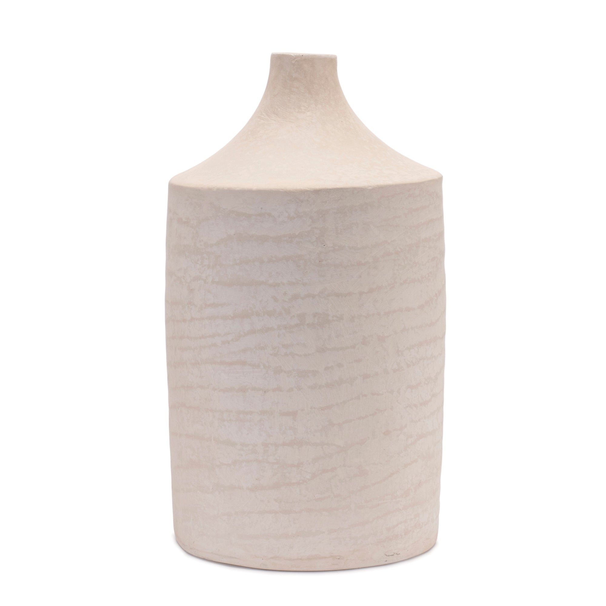 Tall recycled paper vase in chalk powder finish with a cylindrical silhouette.