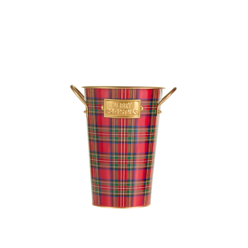 Red, green, and gold plaid iron bucket with gold handles and a Merry Christmas plaque.