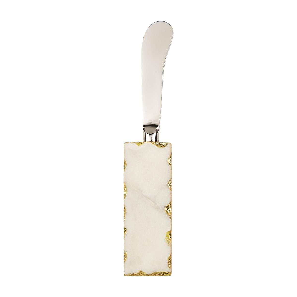 Metallic spreader with a silver blade and a rectangular white marble handle with gold edges.