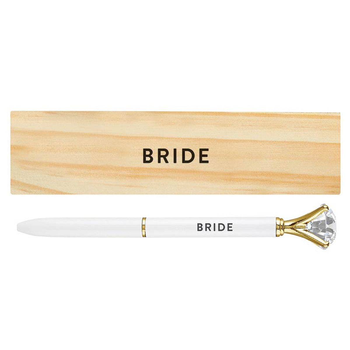 White gem-topped pen and matching pinewood box, both featuring the word BRIDE in black text.