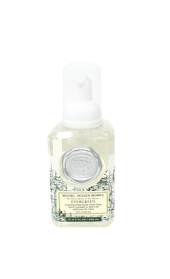 Michel Design Works Evergreen mini foaming shea butter hand soap with a winter forest design.