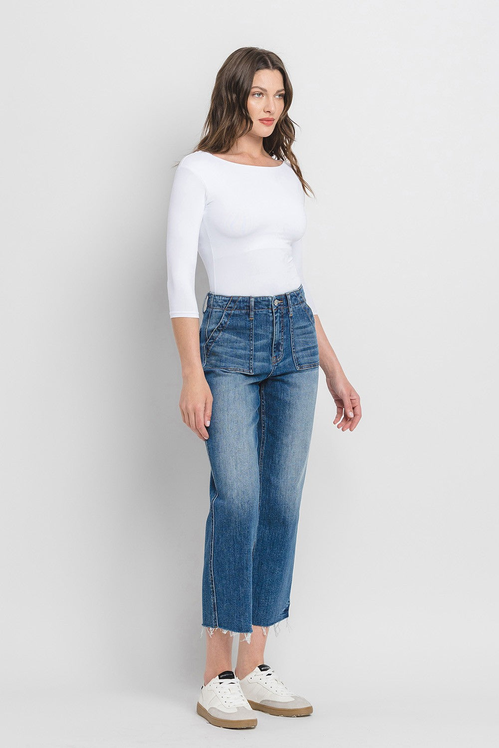 Avery High Rise Crop Utility Straight Jeans in dark wash denim with five-pocket styling and button fly.