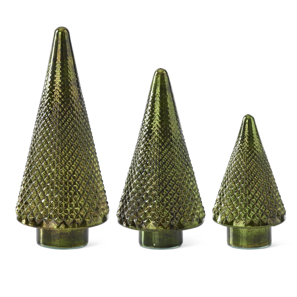 Three green mercury glass hobnail Christmas trees in small, medium, and large sizes.