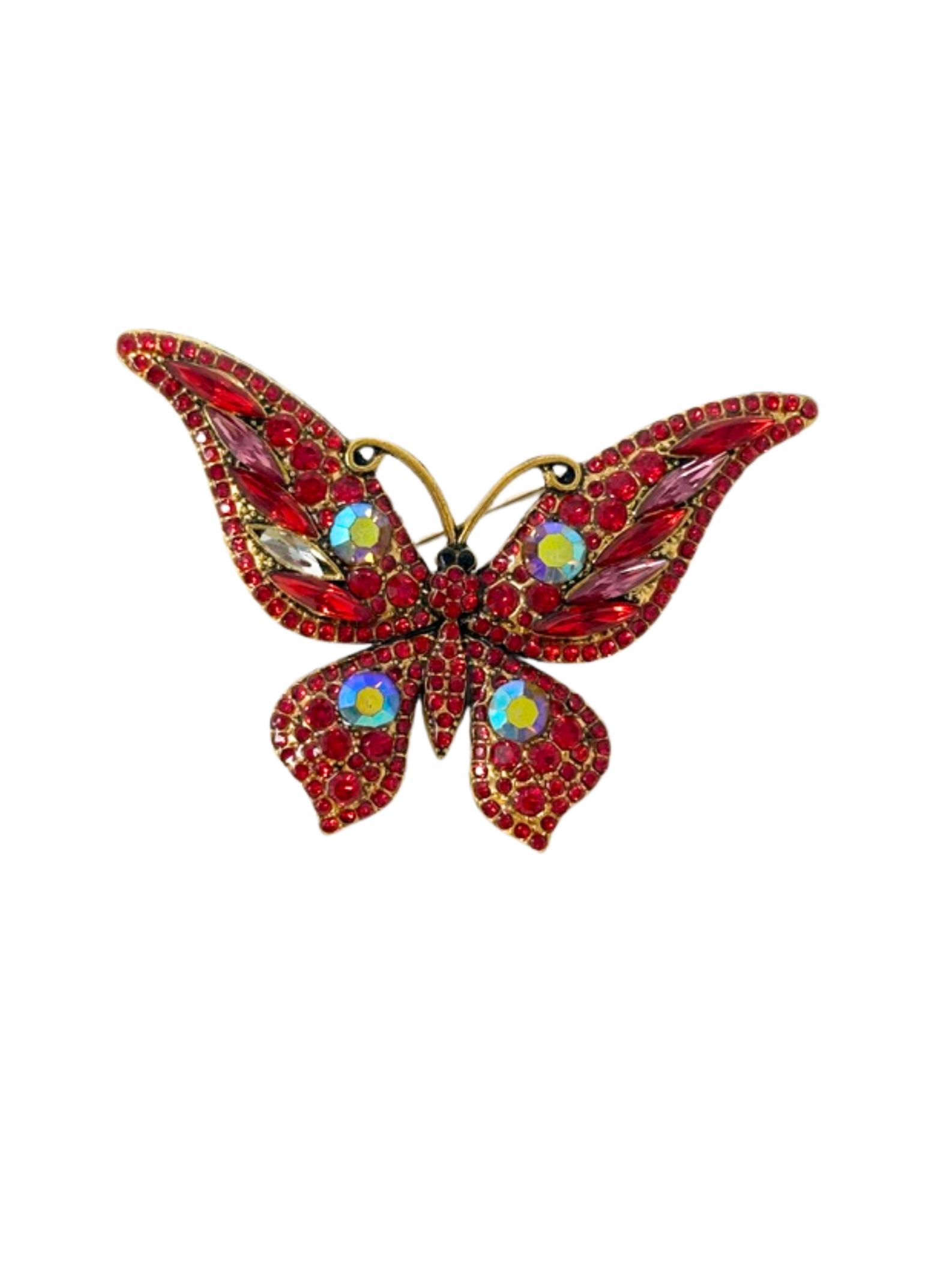 Red stone small butterfly brooch with gold-tone metal and iridescent crystal accents.