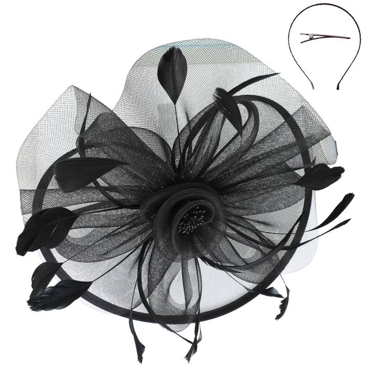 Black floral organza mesh fascinator with ribbon accents and feathered detail on a headband.
