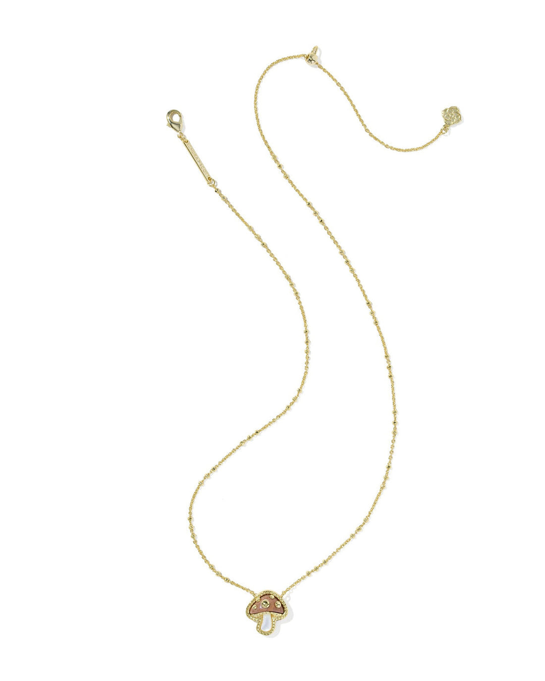 Gold short pendant necklace with a brown mushroom charm and adjustable chain.