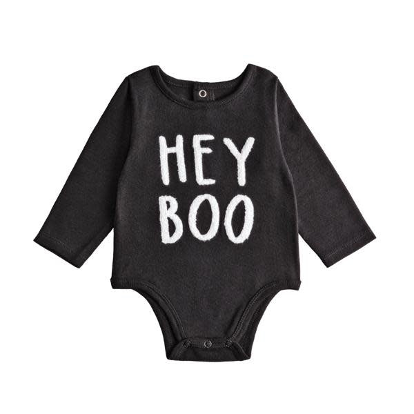 Long-sleeve Halloween baby bodysuit in black cotton rib with boucle embroidery and inner leg snaps.