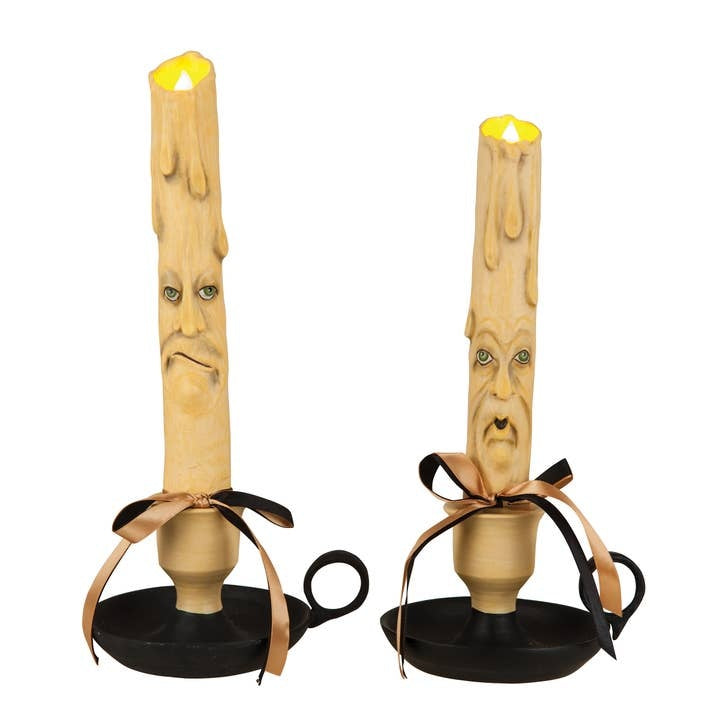 Black gathered LED candlestick with Halloween Frick & Frack pumpkin motif