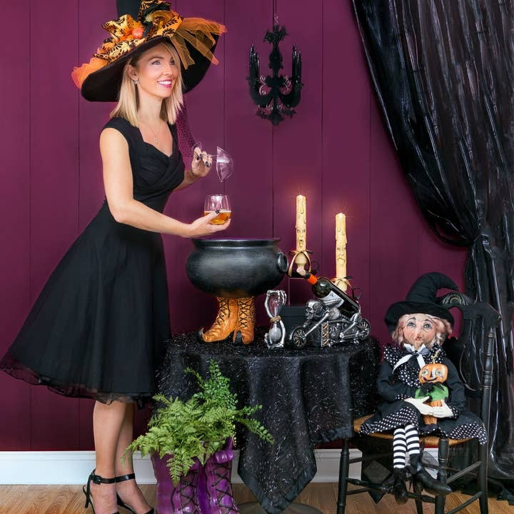 Black gathered LED candlestick with Halloween Frick & Frack Gathered Traditions silhouette and textured finish.